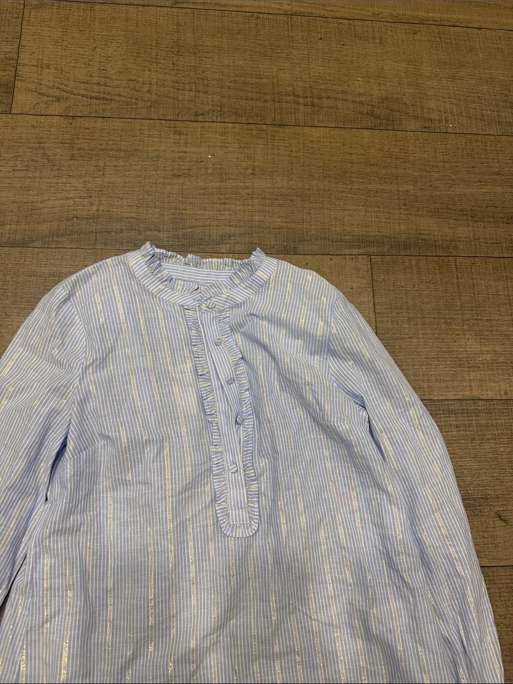 Talbots Petite Blue and White Striped Ruffle Collar Blouse